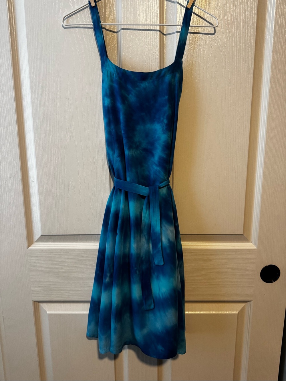 Blue Tie-Dye A-Line Dress with Waist Tie S
